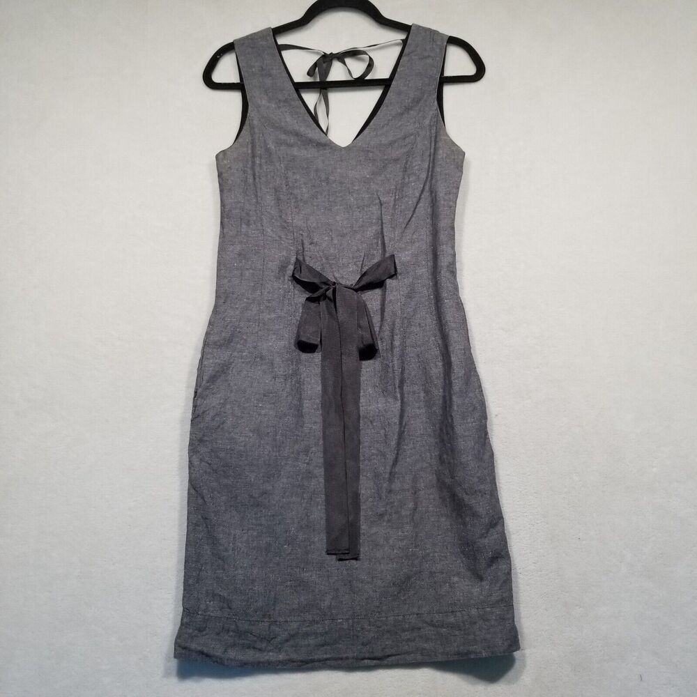 Banana Republic 4 Gray Linen Cotton Sheath Dress V Neck And Back Preppy Classic